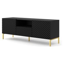 TV stand SURF 150 cm, 2 doors and 1 drawer, black matt, gold frame