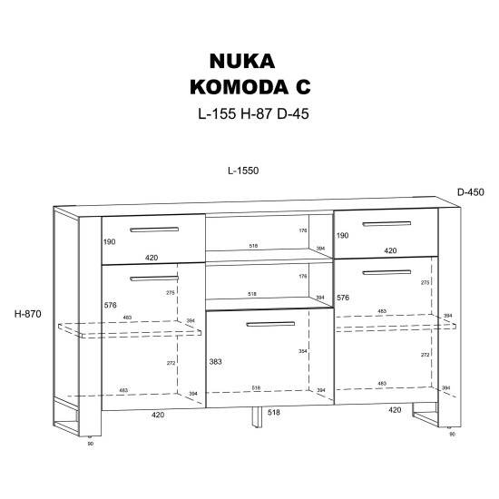 שידה NUKA C 155, 3 דלתות ו-2 מגירות, אלון ארטיסן