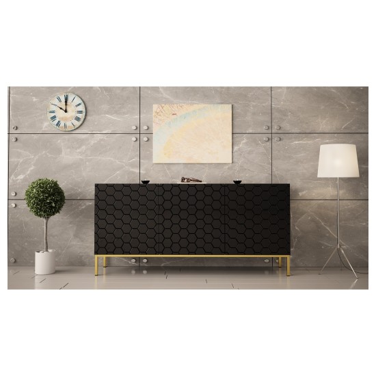 Chest of drawers HESSERACT 160 cm, 3 doors, black gloss