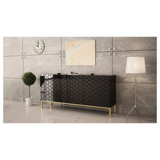 Chest of drawers HESSERACT 160 cm, 3 doors, black gloss