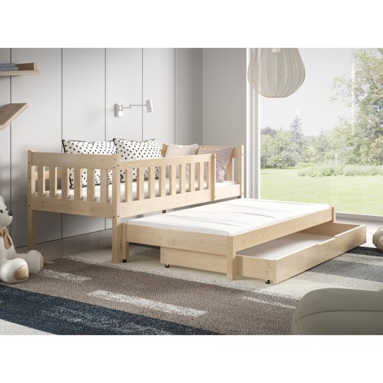 Children's bed NOAM in solid wood with a pull-out trundle, pine and white, for a 180 cm mattress