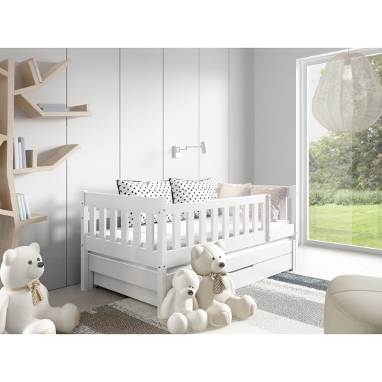 Children's bed NOAM in solid wood with a pull-out trundle, pine and white, for a 180 cm mattress