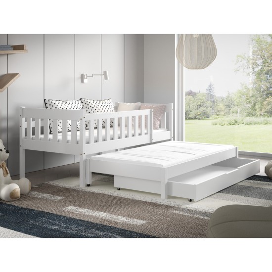 Children's bed NOAM in solid wood with a pull-out trundle, pine and white, for a 180 cm mattress
