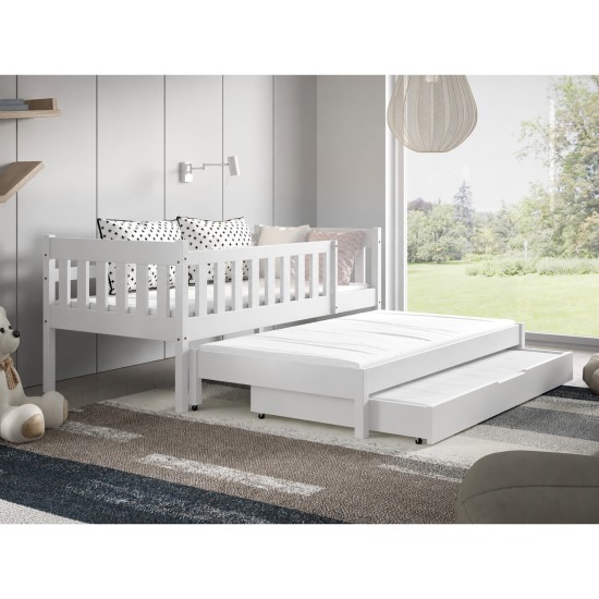 Children's bed NOAM in solid wood with a pull-out trundle, pine and white, for a 180 cm mattress