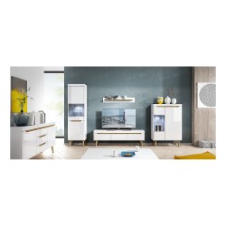NORDI tall chest of drawers 107 cm, white gloss with Riviera oak
