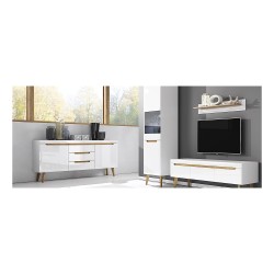 NORDI chest of drawers 160 cm, white gloss with Riviera oak